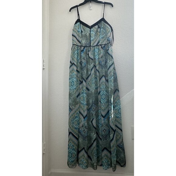 NWT BISOU BISOU Michele Bohbot Teal Scarf Tile Print Black Trim Maxi Dress 14 - Picture 1 of 15